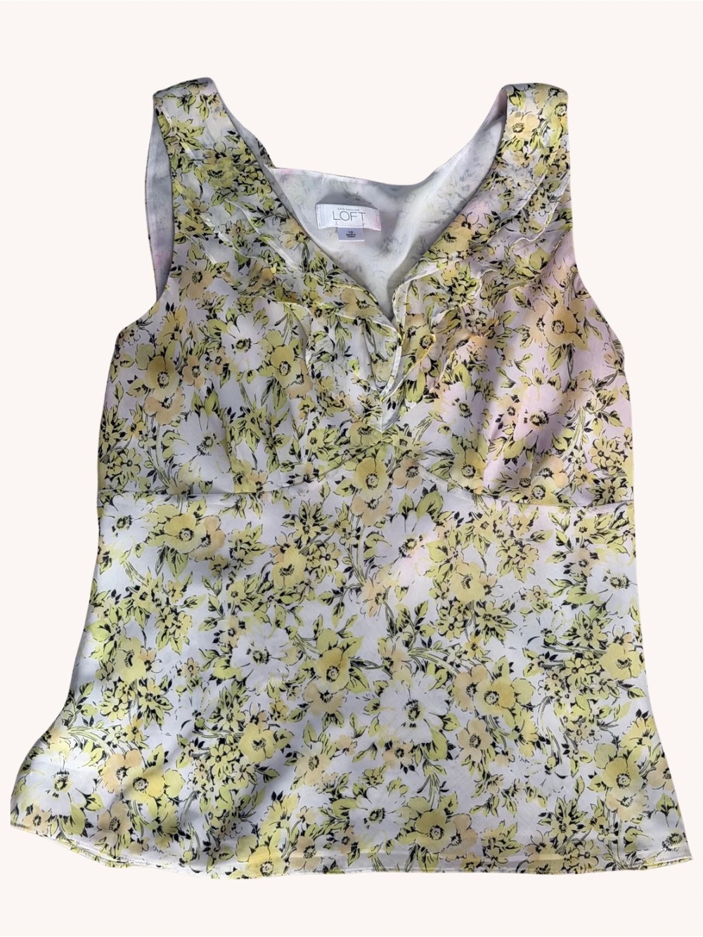 Ann Taylor Yellow Floral Sleeveless V-Neck Blouse